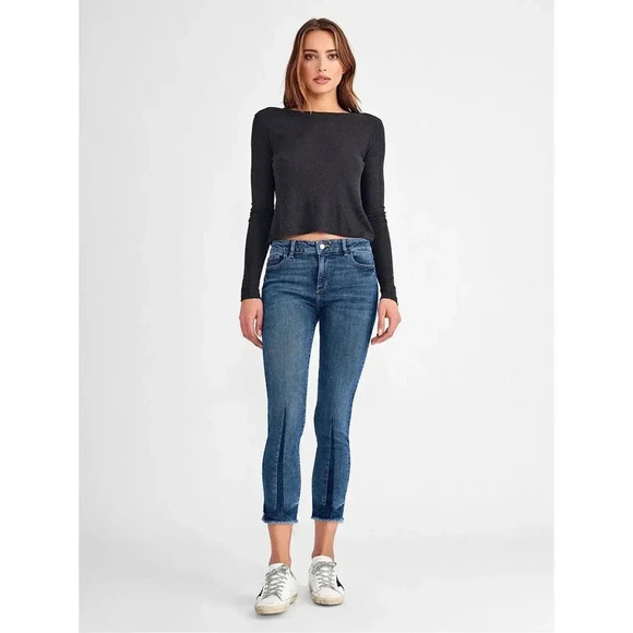DL1961 Mara Straight Jeans 27 Ankle Mid Rise Blue Raw Hem Stretch Instasculpt - Picture 1 of 11